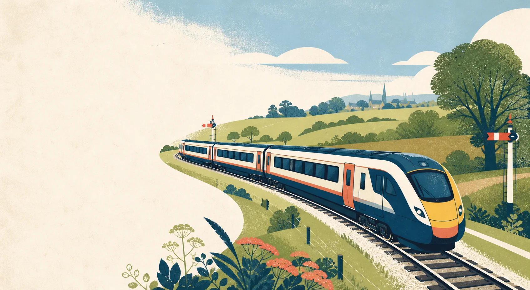 Illustration of a passenger train travelling through the British countryside